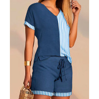 Striped Patchwork T-shirt & Drawstring Shorts Set - blue