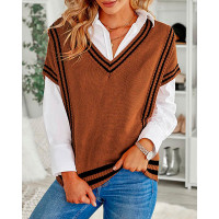 Striped Pattern V-Neck Short Sleeve Sweater - Dark Brown