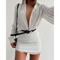 Striped Plunge Long Sleeve Shirt Dress - white