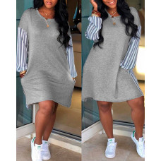 Striped Pocket Design Casual Dress - gray