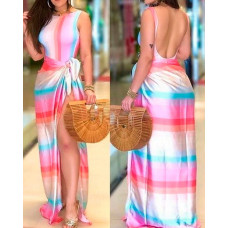 Striped Print Backless One-Piece Swimsuit With Cover Up - Multicolor