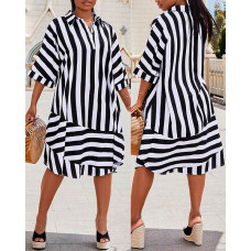 Striped Print Button Front Casual Shirt Dress - blackwhite