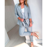 Striped Print Buttoned Long Sleeve Blazer Coat - light gray