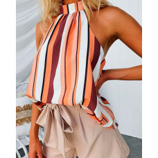 Striped Print Casual Tank Top - orange