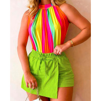 Striped Print Casual Tank Top & Skorts Set - green