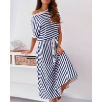 Striped Print Casual Top & Skirt Set - blue