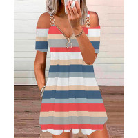 Striped Print Chain Strap Cold Shoulder Casual Dress - Multicolor