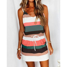 Striped Print Colorblock Drawstring Casual Dress - Multicolor