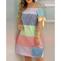 Striped Print Colorblock Off Shoulder Casual Dress - green&blue