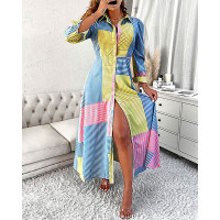 Striped Print Colorblock Puff Sleeve Shirt Dress - Multicolor