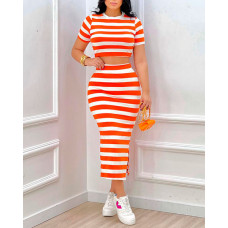 Striped Print Crop Top & Split Hem Skirt Set - orange