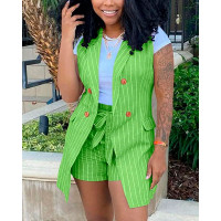 Striped Print Double Breasted Vest Blazer & Shorts Set - green