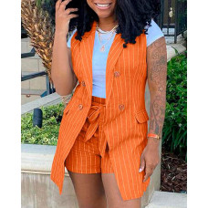 Striped Print Double Breasted Vest Blazer & Shorts Set - orange