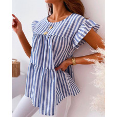 Striped Print Flutter Sleeve Ruched Top - blue