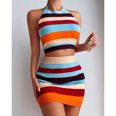 Striped Print Knit Halter Crop Top & Skirt Sets - Multicolor