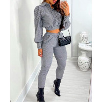 Striped Print Lantern Sleeve Crop Top & Drawstring Pants Set - gray