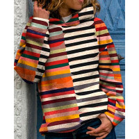 Striped Print Long Sleeve Casual Hoodie - Multicolor