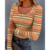 Striped Print Long Sleeve Ribbed Top - brown