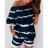 Striped Print One Shoulder Top & Short Set - black