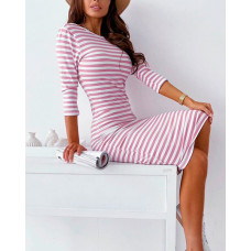 Striped Print Open Back Long Sleeve Casual Dress - pink