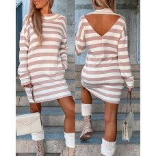 Striped Print Open Back Long Sleeve Dress - khaki