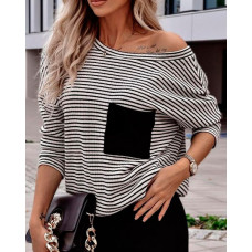 Striped Print Pocket Design Casual Top - white