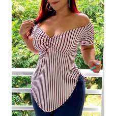 Striped Print Ruched Bust Asymmetrical Top - red