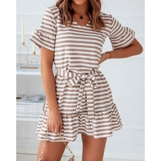 Striped Print Ruffle Hem Belted Casual Dress - khaki