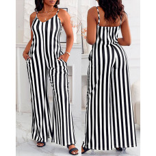 Striped Print Spaghetti Strap Wide Leg Jumpsuit - blackwhite