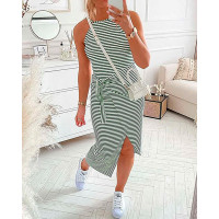 Striped Print Tied Detail Sleeveless Casual Dress - green