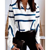 Striped Print V-Neck Long Sleeve Casual Top - white