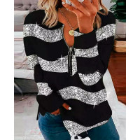 Striped Print Zip Front Long Sleeve Top - black