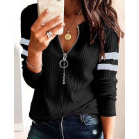 Striped Print Zipper Front Long Sleeve Top - black