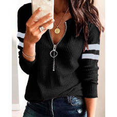 Striped Print Zipper Front Long Sleeve Top - black