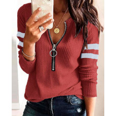 Striped Print Zipper Front Long Sleeve Top - red