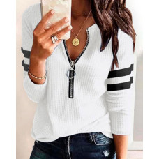 Striped Print Zipper Front Long Sleeve Top - white