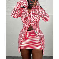 Striped Ruched Long Sleeve Top & Skirt Set - red