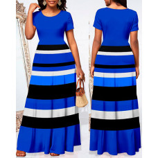 Striped Ruched Short Sleeve Maxi Dress - blue