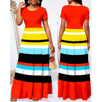 Striped Ruched Short Sleeve Maxi Dress - red