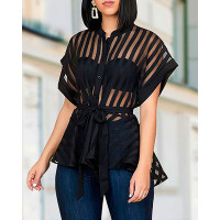 Striped See Through Buttoned Tied Waist Shirt - black