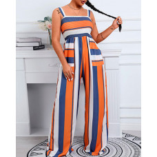 Striped Shirred Detail Wide Leg Jumpsuit - Multicolor