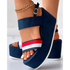 Striped Slingback Platform Wedge Sandals - blue