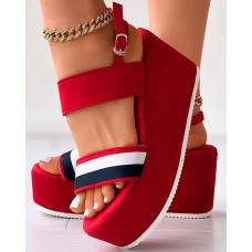 Striped Slingback Platform Wedge Sandals - red