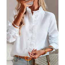 Striped Stand Collar Frill Hem Buttoned Top - white