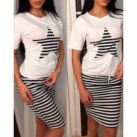 Striped Star Print T-shirt & Skirt Set - white