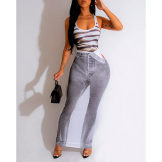 Striped Tank Top & 3D Denim Look Print Skirt Set - gray