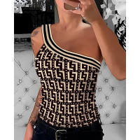 Striped Tape Patch Geometric Print Tank Top - Apricot