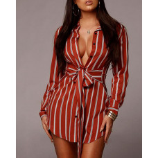 Striped Tied Waist Shirt Dress - Wine red