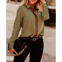 Striped Trim Long Sleeve Button Down Shirt - green