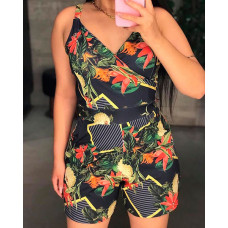 Striped Tropical Print Sleeveless Romper - black